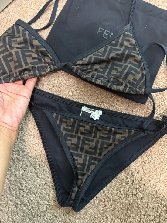 Fendi Brown Monogram & Black Trim Triangle Bikini - Picture 2 of 3